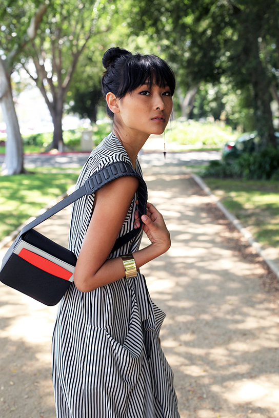 BCBG silk striped dress H&M colorblock purse