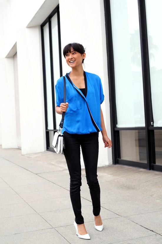 zara tri-color crossover blouse blue silk top !it jeans