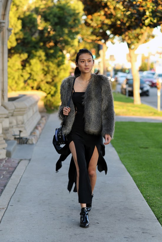 catching couture nasty gal shakuhachi split silk dress zara leather ankle boots with strap h&m faux fur coat