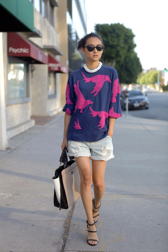 hm beaded sweatshirt distressed denim shorts