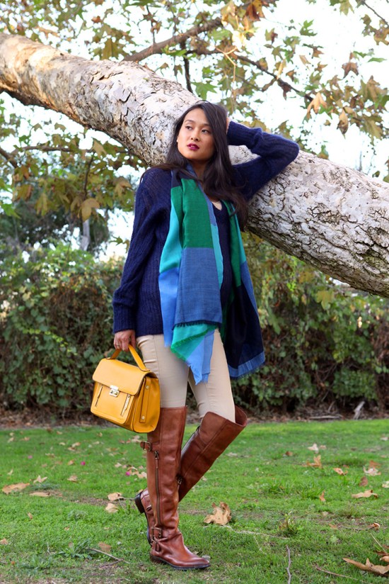cos plaid scarf zara knit navy sweater sam edelman paulina boots