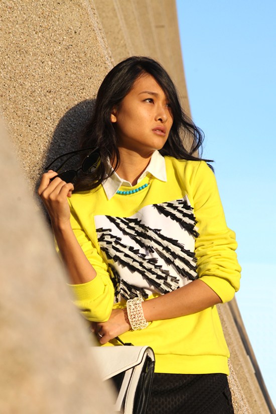 opening ceremony yellow raffia sweatshirt Michelle Forstadt catching couture