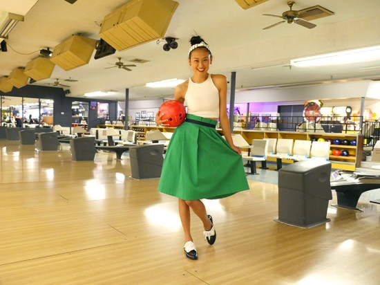 retro inspired bowling outfit midi skirt american apparel sleeveless crop top