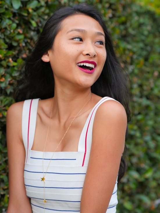 michelle forstadt band of outsiders tape stiped bodysuit gorjana super star lariat necklace